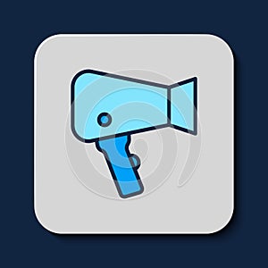 Filled outline Hair dryer icon isolated on blue background. Hairdryer sign. Hair drying symbol. Blowing hot air. Vector