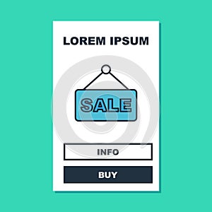 Filled outline Hanging sign with text Sale icon isolated on turquoise background. Signboard with text Sale. Vector