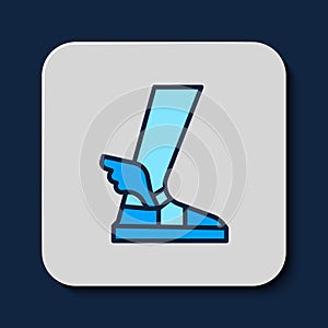 Filled outline Hermes sandal icon isolated on blue background. Ancient greek god Hermes. Running shoe with wings. Vector