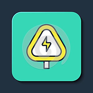 Filled outline High voltage sign icon isolated on blue background. Danger symbol. Arrow in triangle. Warning icon