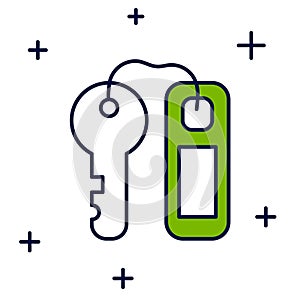 Filled outline Hotel door lock key with number tag icon isolated on white background. Vector