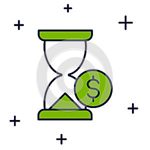 Filled outline Hourglass with dollar icon isolated on white background. Money time. Sandglass and money. Growth, income