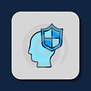 Filled outline Human head with shield icon isolated on blue background. Vector