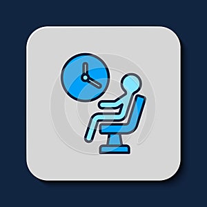 Filled outline Human waiting in airport terminal icon isolated on blue background. Vector