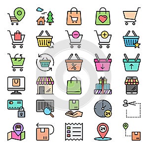 Filled outline icons for shopping and e-Commerce.