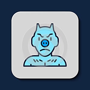 Filled outline Krampus, heck icon isolated on blue background. Horned devil. Traditional Christmas devil. Happy