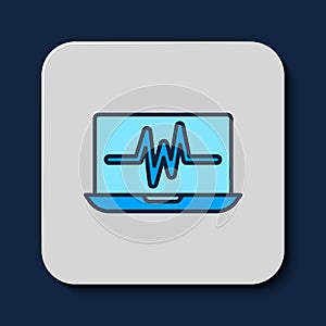 Filled outline Laptop with cardiogram icon isolated on blue background. Monitoring icon. ECG monitor with heart beat