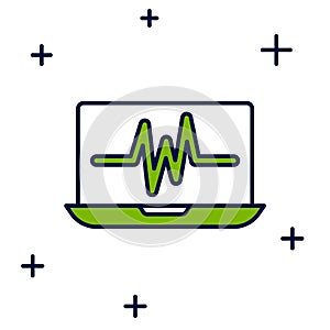 Filled outline Laptop with cardiogram icon isolated on white background. Monitoring icon. ECG monitor with heart beat