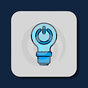 Filled outline Light bulb with lightning symbol icon isolated on blue background. Light lamp sign. Idea symbol. Vector