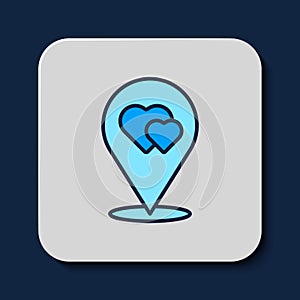Filled outline Map pointer with heart icon isolated on blue background. Valentines day. Love location. Romantic map pin