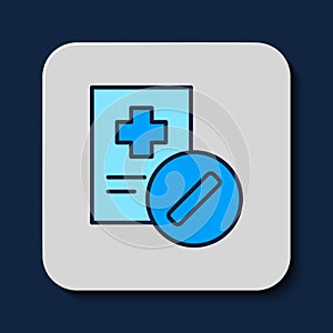 Filled outline Medical prescription icon isolated on blue background. Rx form. Recipe medical. Pharmacy or medicine