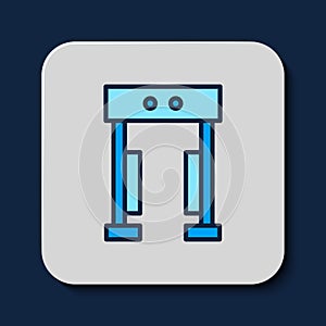 Filled outline Metal detector icon isolated on blue background. Airport security guard on metal detector check point