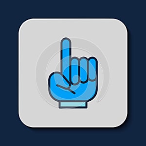 Filled outline Number 1 one fan hand glove with finger raised icon isolated on blue background. Symbol of team support