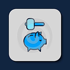 Filled outline Piggy bank and hammer icon isolated on blue background. Icon saving or accumulation of money, investment