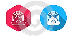 Filled and outline Rainbow with cloud icon isolated with long shadow background. Vector