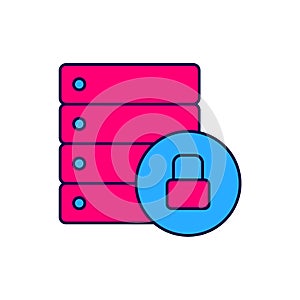 Filled outline Server security with closed padlock icon isolated on white background. Database and lock. Security