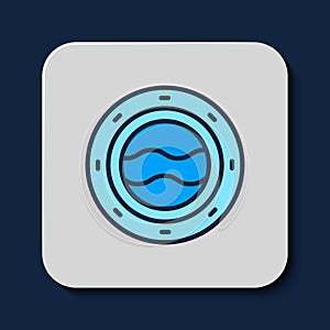 Filled outline Ship porthole with rivets and seascape outside icon isolated on blue background. Vector