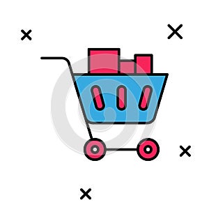 Filled outline Shopping cart and food icon isolated on white background. Food store, supermarket. Vector