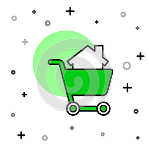 Filled outline Shopping cart with house icon isolated on white background. Buy house concept. Home loan concept, rent