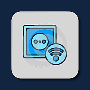 Filled outline Smart electrical outlet system icon isolated on blue background. Power socket. Internet of things concept