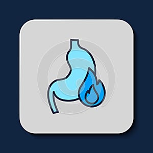 Filled outline Stomach heartburn icon isolated on blue background. Stomach burn. Gastritis and acid reflux, indigestion