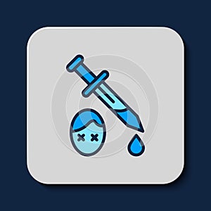 Filled outline Sword with blood icon isolated on blue background. Medieval weapons knight and soldier. Symbol of murder