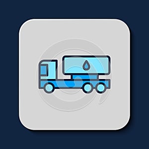 Filled outline Tanker truck icon isolated on blue background. Petroleum tanker, petrol truck, cistern, oil trailer