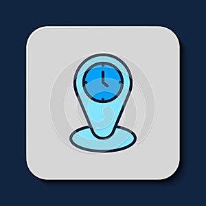 Filled outline Time zone clocks icon isolated on blue background. Vector