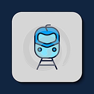 Filled outline Train and railway icon isolated on blue background. Public transportation symbol. Subway train transport