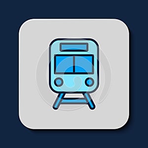 Filled outline Train and railway icon isolated on blue background. Public transportation symbol. Subway train transport