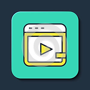 Filled outline Video advertising icon isolated on blue background. Concept of marketing and promotion process