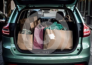 Filled paper and shopping bags in the trunk of a car. Shopping addiction concept. Generative AI