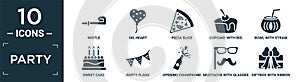 filled party icon set. contain flat wistle, big heart, pizza slice, cupcake with big cherry, bowl with straw, sweet cake, party photo