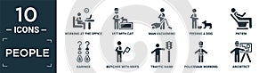 filled people icon set. contain flat working at the office, vet with cat, man vacuuming, feeding a dog, patien, earings, butcher