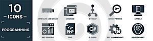 filled programming icon set. contain flat keyboard and mouse, console, sitemap, seo keywords, article, seo ranking, php, c sharp,