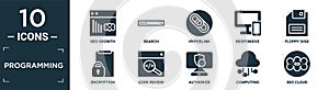 filled programming icon set. contain flat seo growth, search, hyperlink, responsive, floppy disk, encryption, code review,