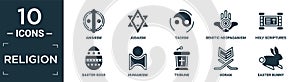 filled religion icon set. contain flat animism, judaism, taoism, semitic neopaganism, holy scriptures, easter eggs, humanism,