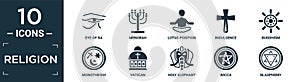 filled religion icon set. contain flat eye of ra, menorah, lotus position, indulgence, buddhism, monotheism, vatican, holy