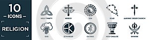 filled religion icon set. contain flat holy trinity, heresy, zen, bead, aaronic order church, god, eckankar, chi rho, holy chalice