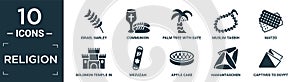 filled religion icon set. contain flat israel barley, communion, palm tree with date, muslim tasbih, matzo, solomon temple in