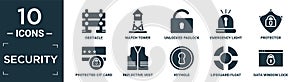 filled security icon set. contain flat obstacle, watch tower, unlocked padlock, emergency light, protector, protected cit card, photo