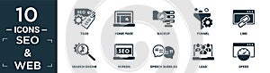 filled seo & web icon set. contain flat tags, home page, backup, funnel, link, search engine, screen, speech bubbles, lead, speed