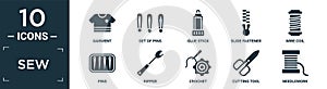 filled sew icon set. contain flat garment, set of pins, glue stick, slide fastener, wire coil, pins, ripper, crochet, cutting tool