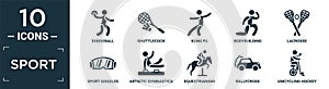 filled sport icon set. contain flat dodgeball, shuttlecock, kung fu, bodybuilding, lacrosse, sport goggles, artistic gymnastics,