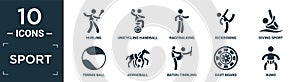 filled sport icon set. contain flat hurling, unicycling handball, racewalking, kickboxing, diving sport, tennis ball, horseball,