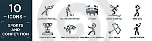 filled sports and competition icon set. contain flat american football player catching the ball, golf player hitting, estadio, photo
