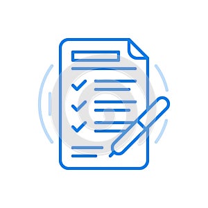 Filled test documentation vector line icon. Checklist questions and pen with answer boxes.