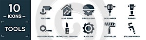 filled tools icon set. contain flat polishers, home repair, circular saw, jackhammer, rammer, measuring wheel, retractable