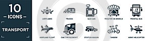 filled transport icon set. contain flat airplanes, trucks, gas can, theater on wheels, frontal bus, airplane flight, car tire