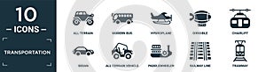 filled transportation icon set. contain flat all terrain, modern bus, hydroplane, dirigible, chairlift, sedan, all terrain vehicle photo